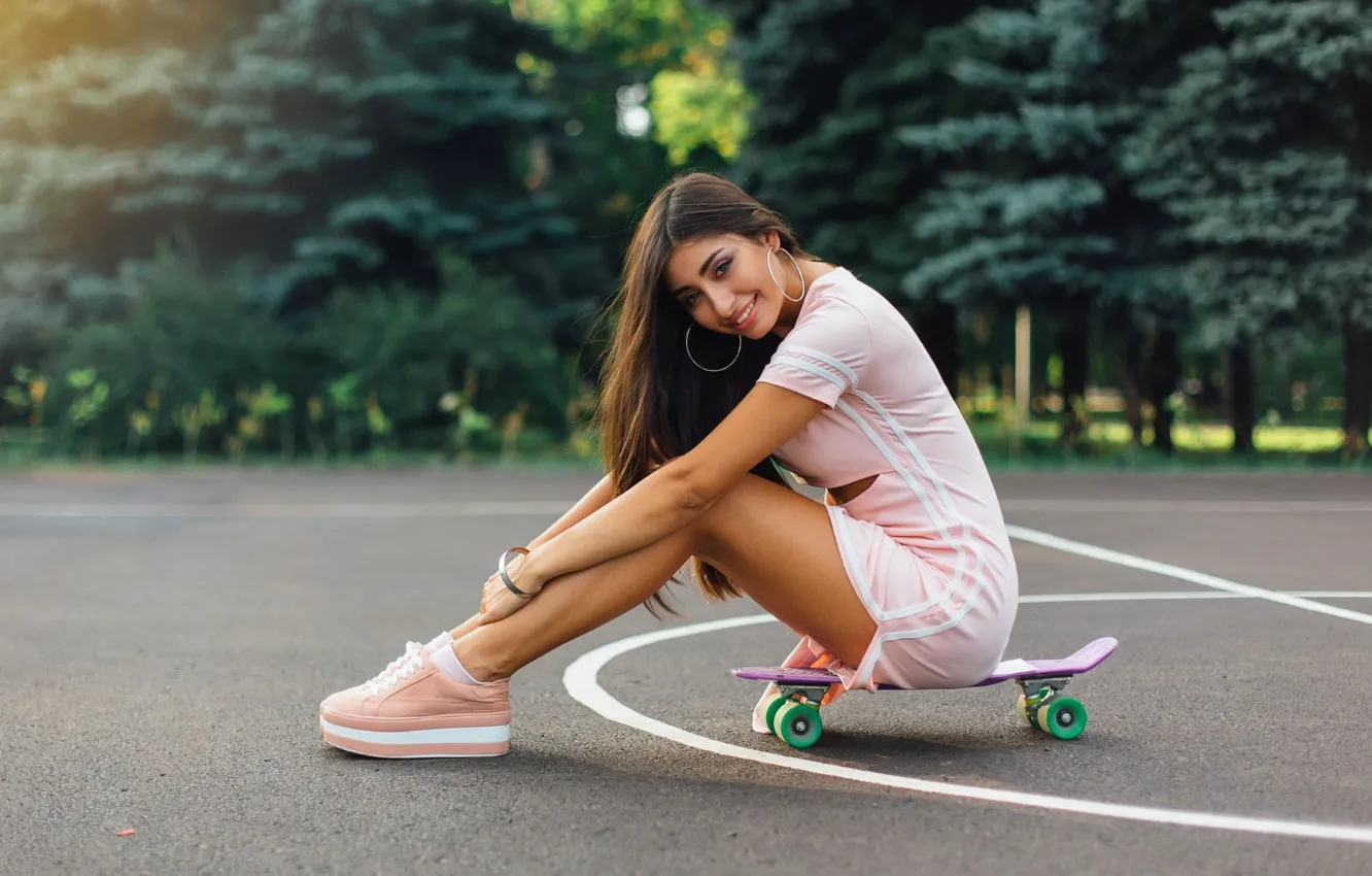 Photo wallpaper girl, pose, smile, sneakers, skateboard
