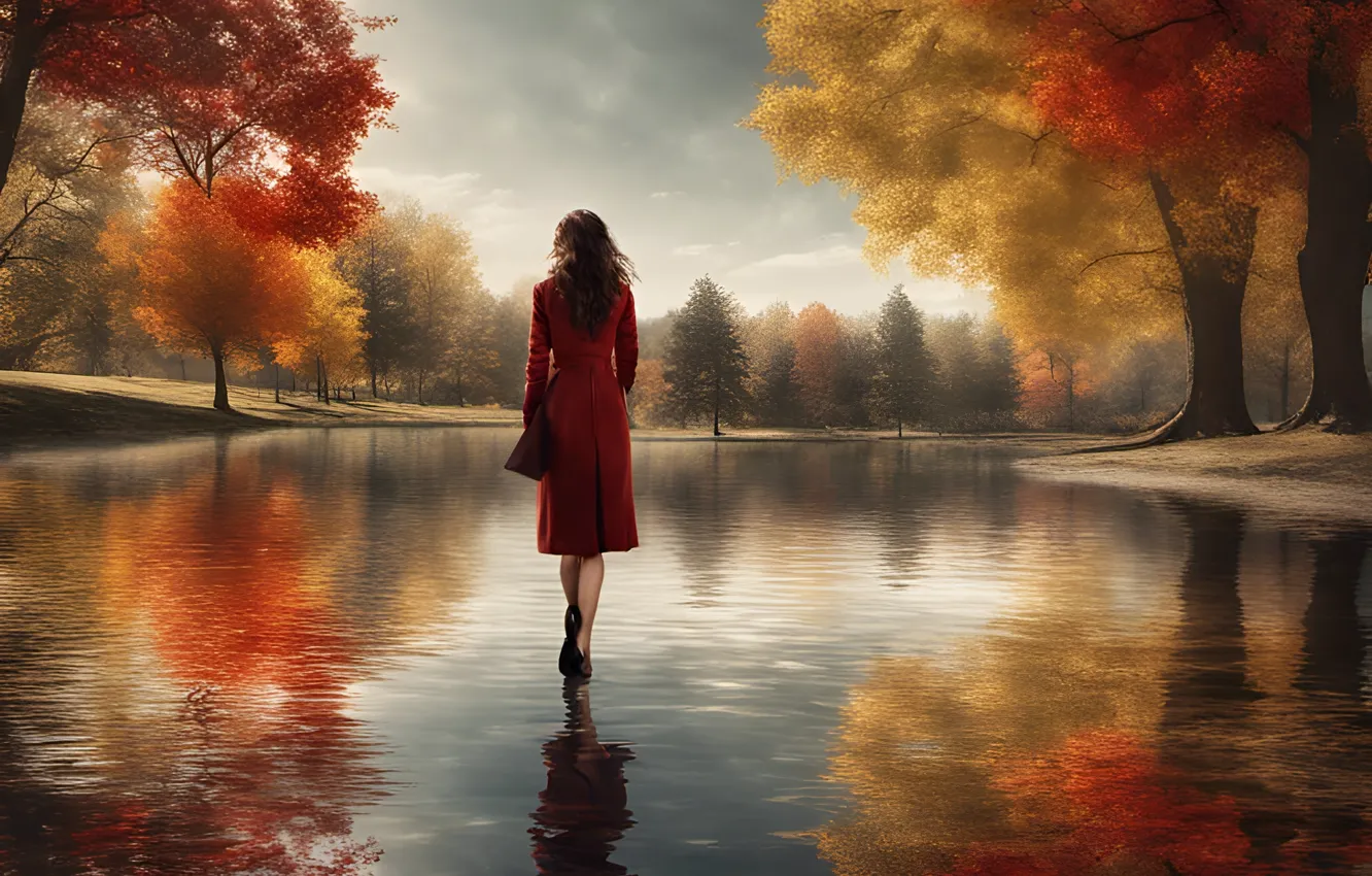 Photo wallpaper Water, Reflection, Girl, Autumn, Trees, Clouds, Back