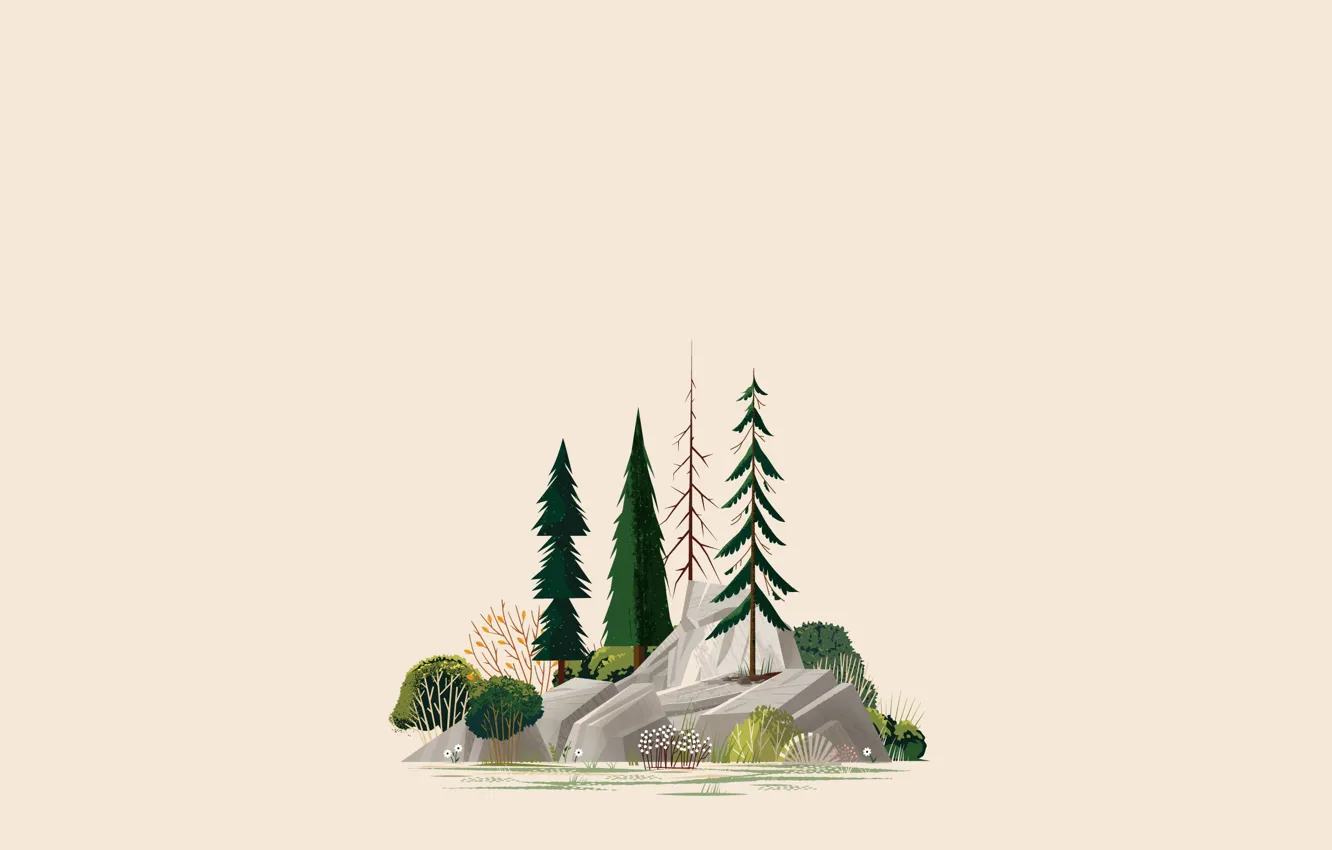 Photo wallpaper rock, forest, trees, Illustration, Minimalism, simple background