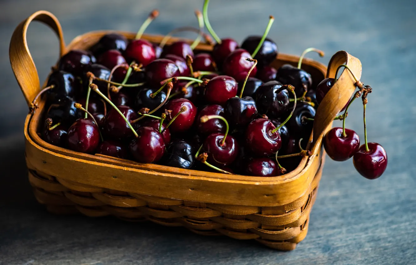 Photo wallpaper cherry, berries, background, basket, cherry, ripe, bokeh