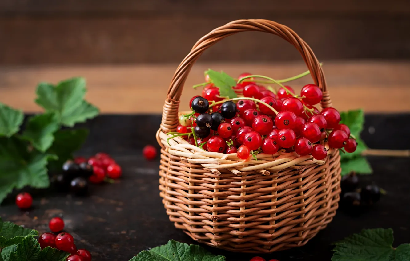 Photo wallpaper leaves, berries, basket, currants