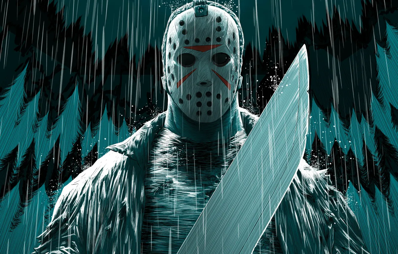 Photo wallpaper the film, mask, art, horror, horror, Friday the 13th, Jason Voorhees, rain