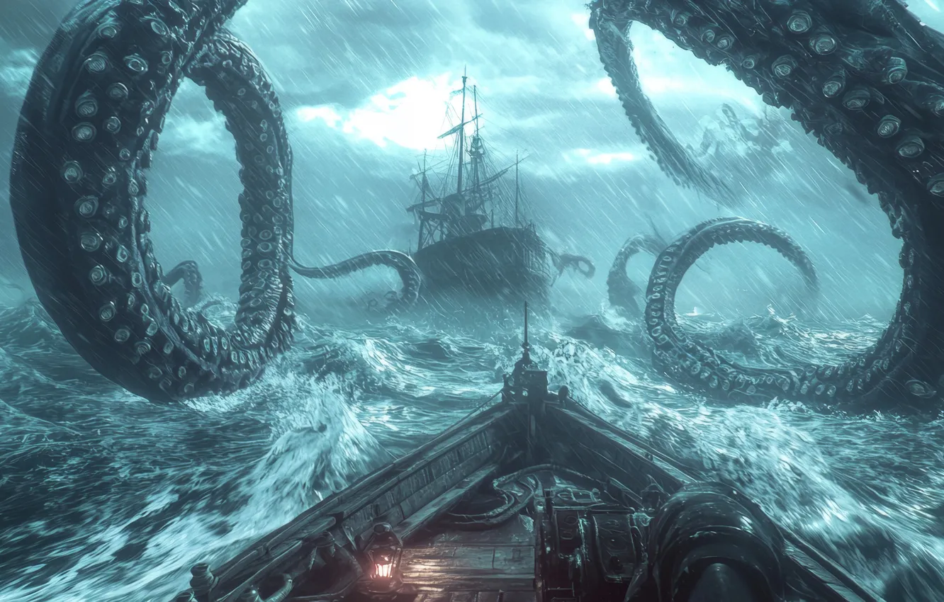 Photo wallpaper Sea, Wave, Rain, Clouds, Sailboats, The tentacles, Attack, Ships
