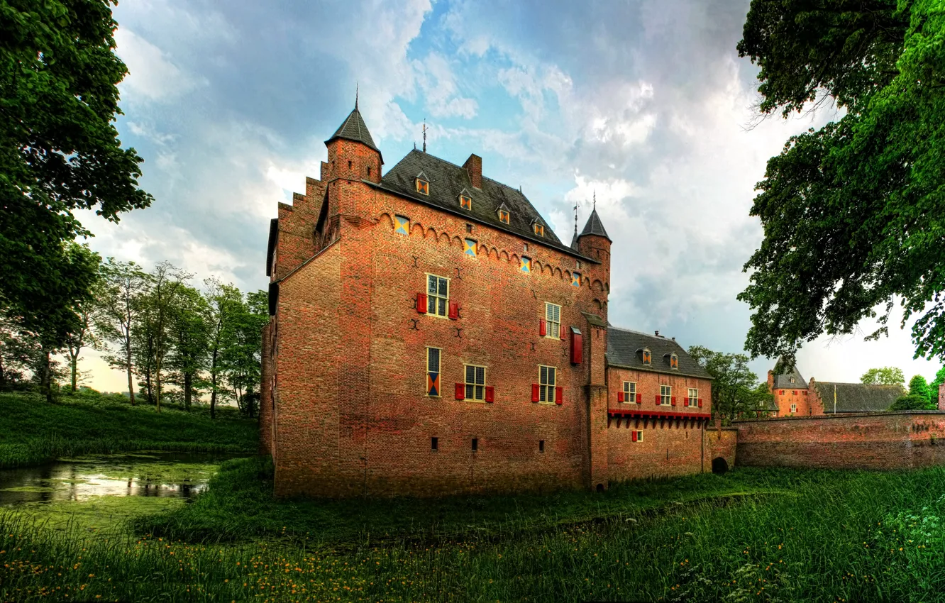 Photo wallpaper grass, trees, castle, wall, Netherlands, ditch, Doorwerth castle