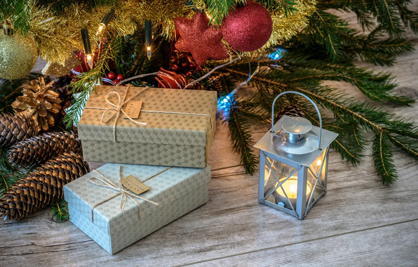 Photo wallpaper decoration, holiday, box, gift, Board, new year, candles, Christmas