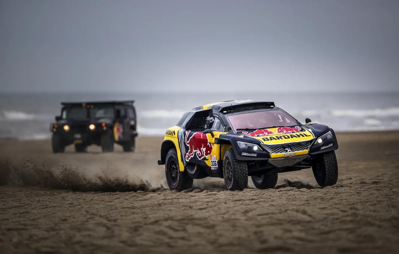 Photo wallpaper Sand, The ocean, Auto, Sport, Machine, Shore, Race, Peugeot