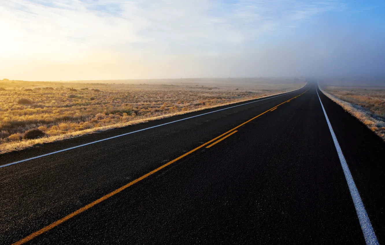 Photo wallpaper road, field, fog