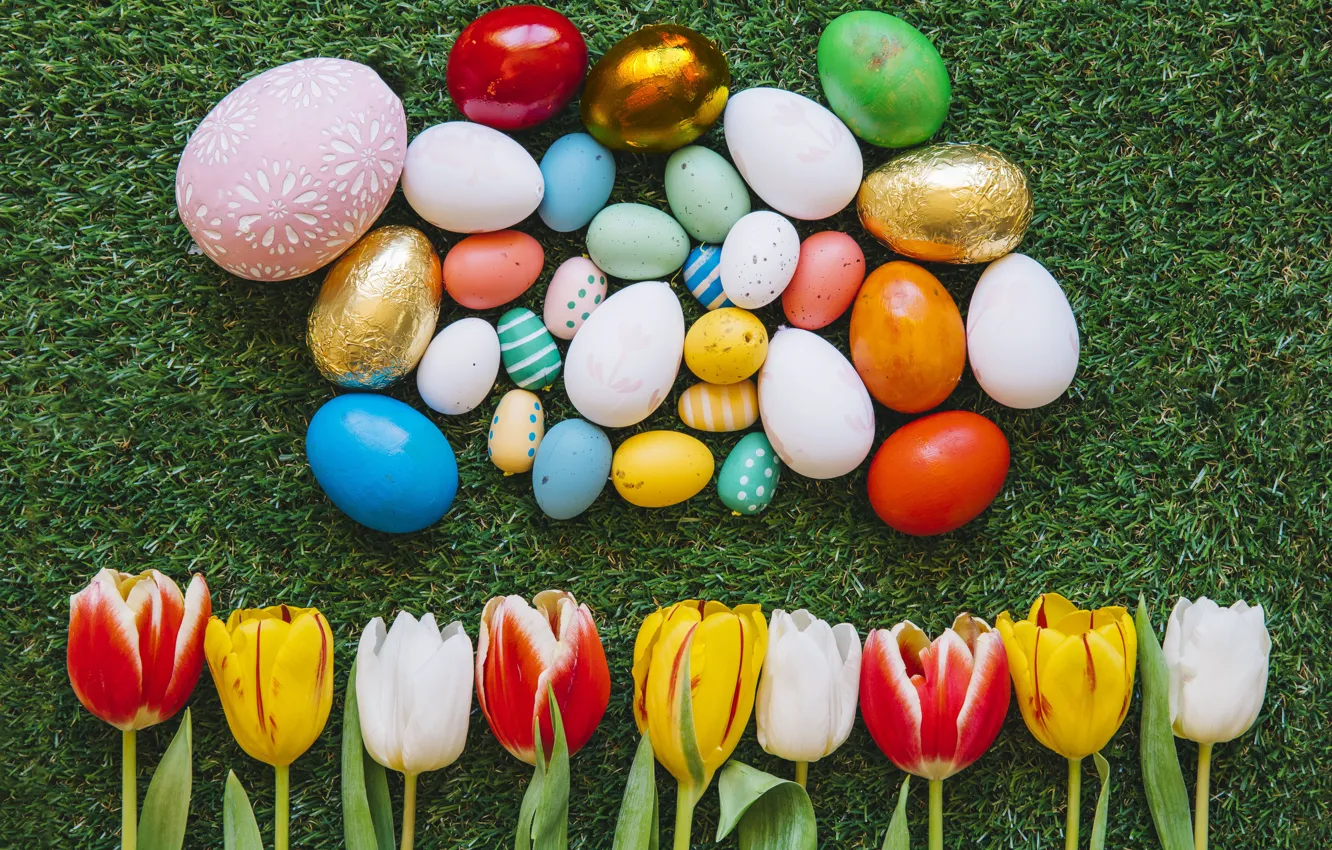 Photo wallpaper holiday, eggs, spring, Easter, tulips, weed