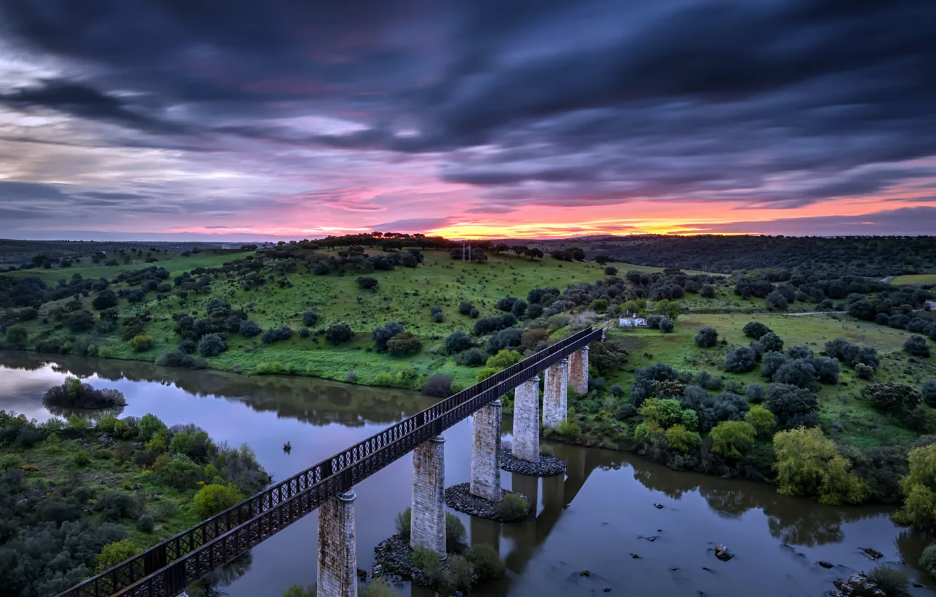 Photo wallpaper sunset, bridge, river