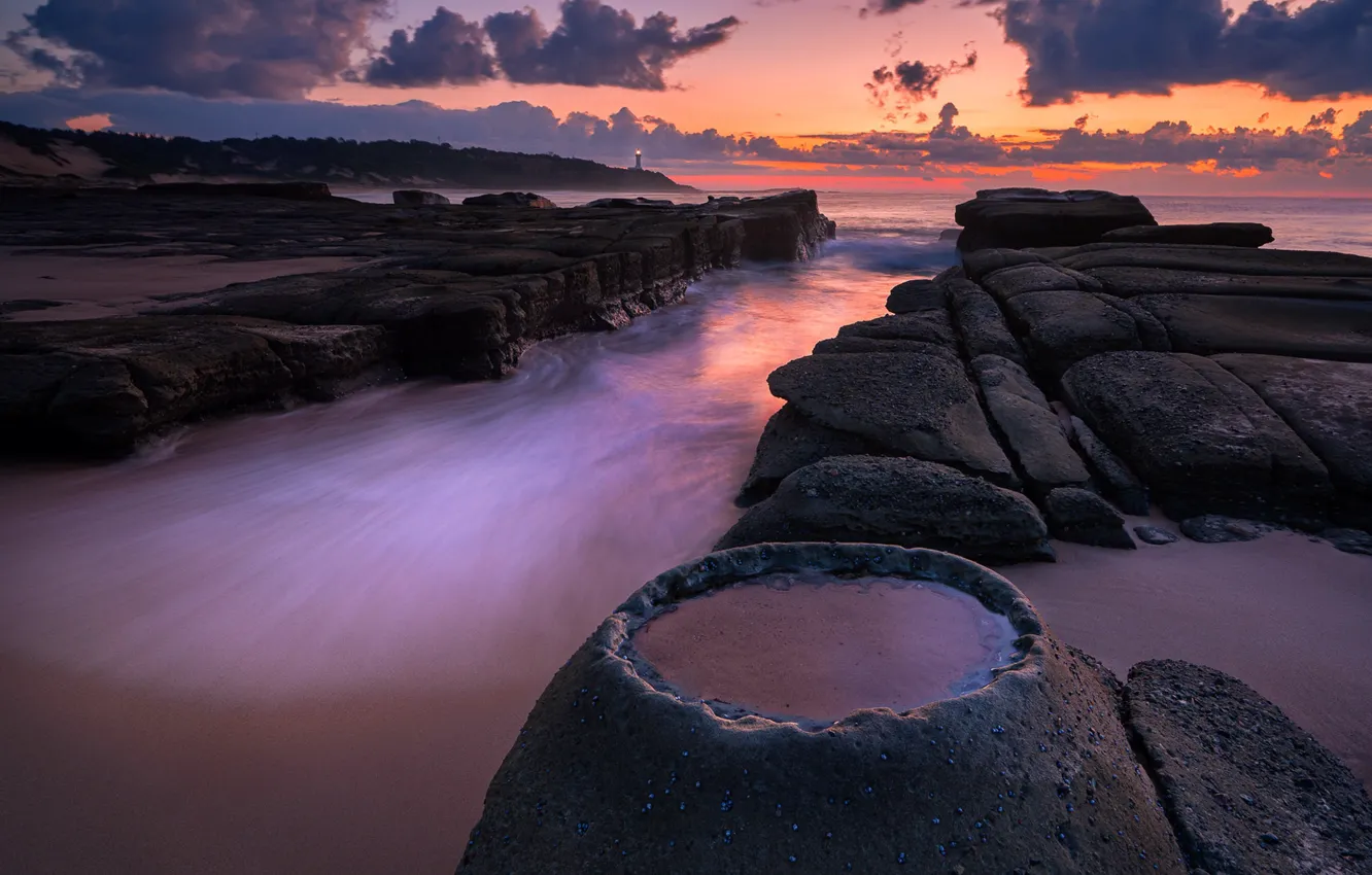 Photo wallpaper sea, sunset, rocks, shore, Soldiers Beach