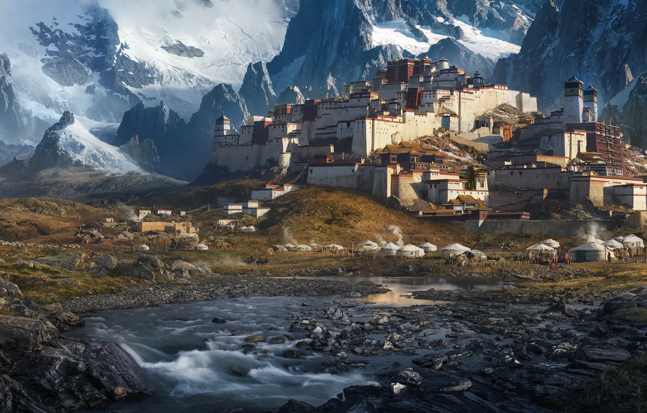 Photo wallpaper widescreen, China, river, landscape, nature, water, mountains, rocks