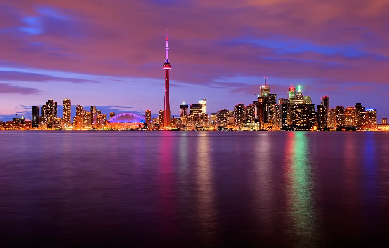 Photo wallpaper water, night, lights, tower, Canada, Toronto