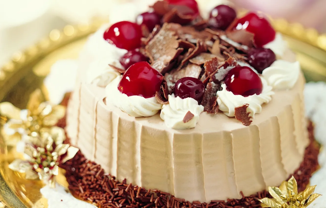 Photo wallpaper cherry, chocolate, cream, cake