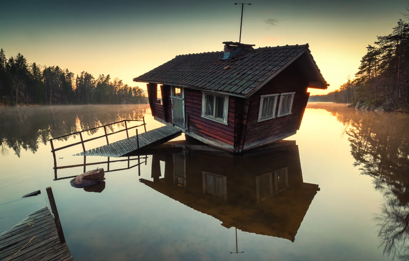 Photo wallpaper lake, house, morning