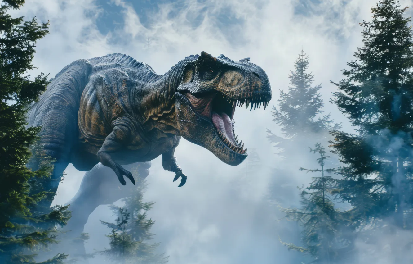 Photo wallpaper Fog, Trees, Teeth, Face, Predator, Dinosaur, Animal, Digital art