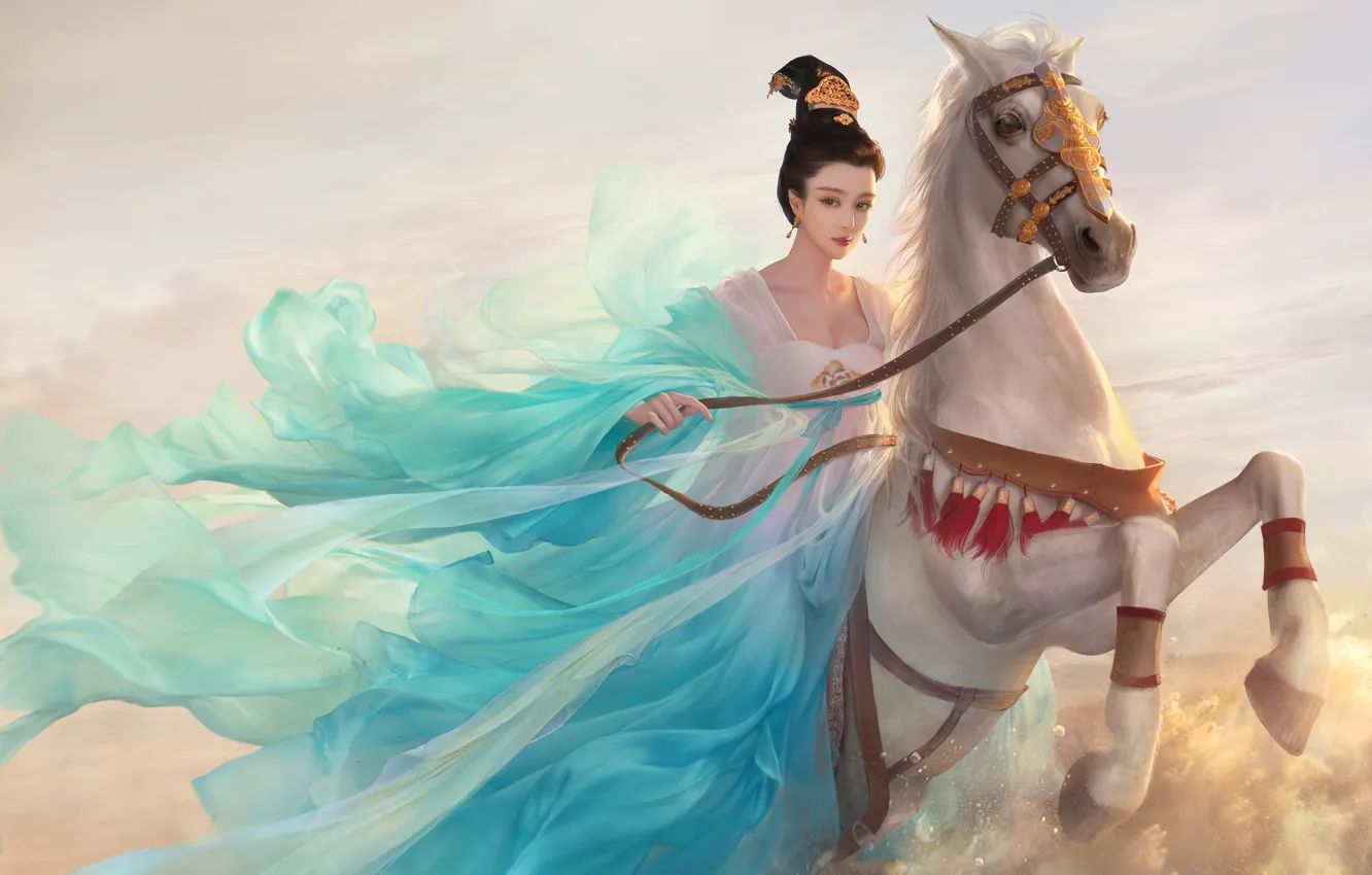 Photo wallpaper Girl, Horse, Figure, Art, Asian Princess
