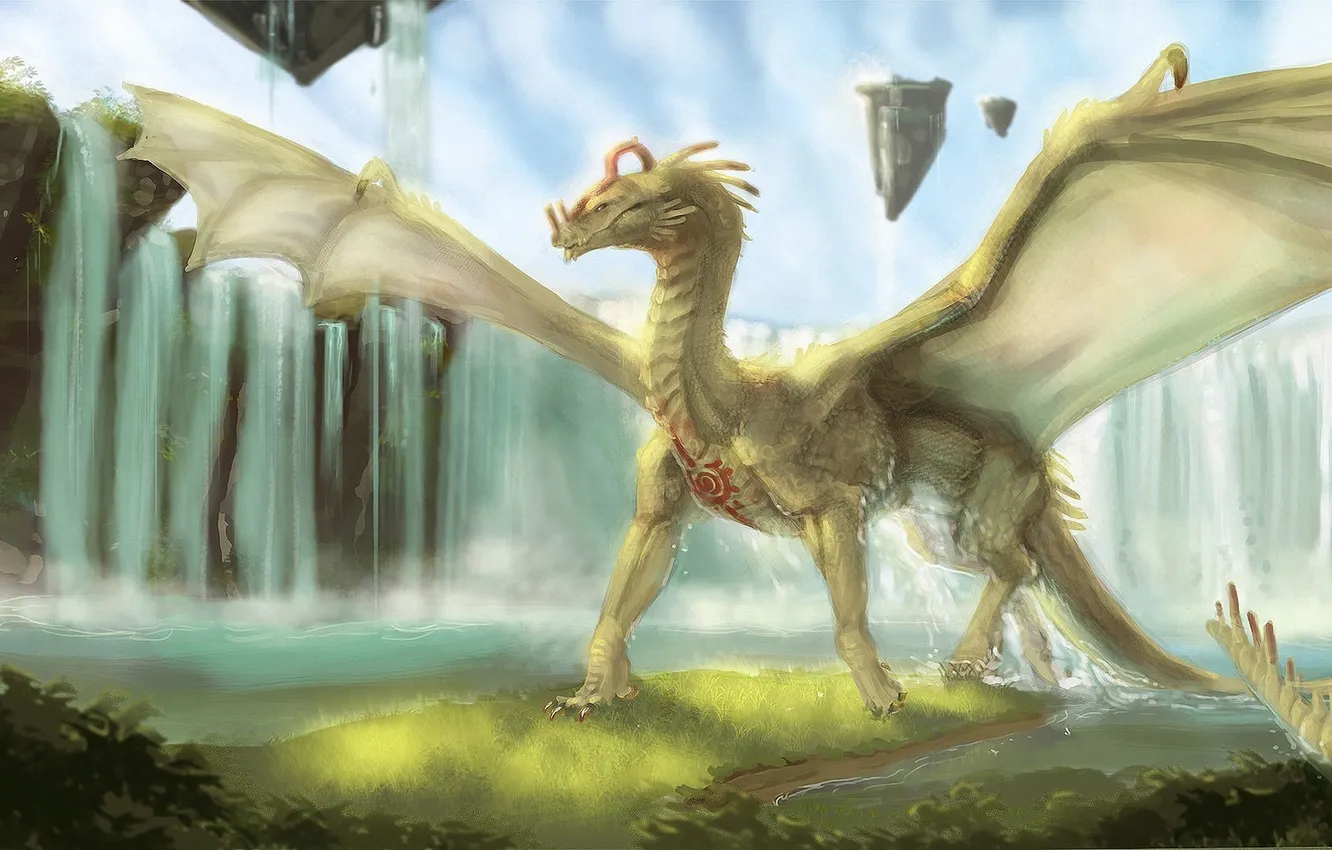 Photo wallpaper greens, dragon, waterfall, fantasy, art