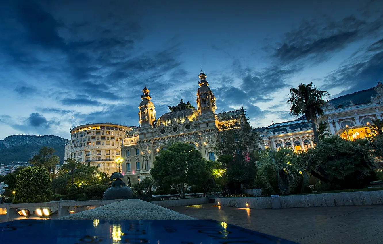 Photo wallpaper trees, landscape, mountains, night, lights, palm trees, lights, Palace