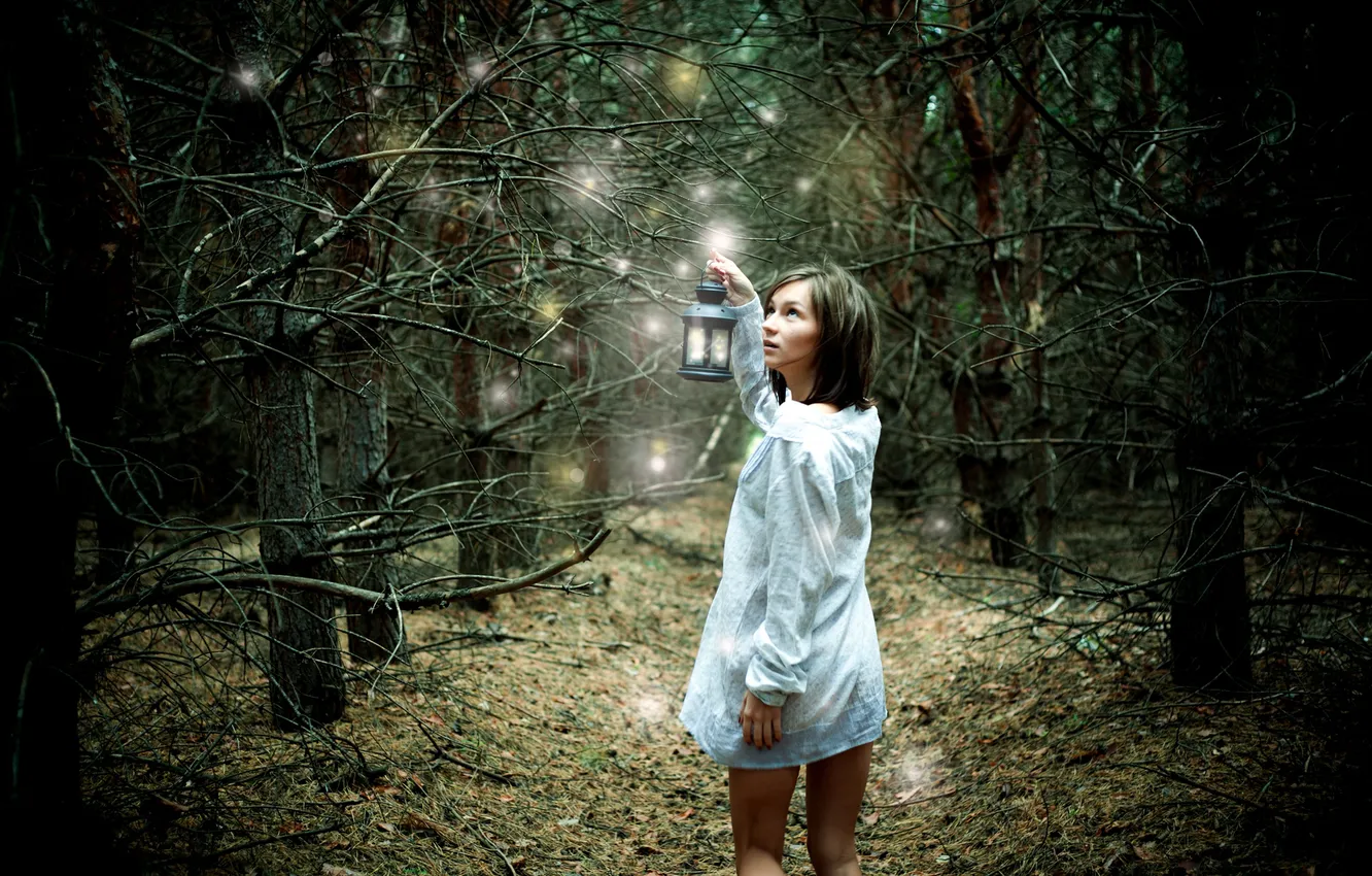 Photo wallpaper FOREST, LOOK, WHITE, NEEDLES, BROWN hair, NIGHTIE, BLOUSE