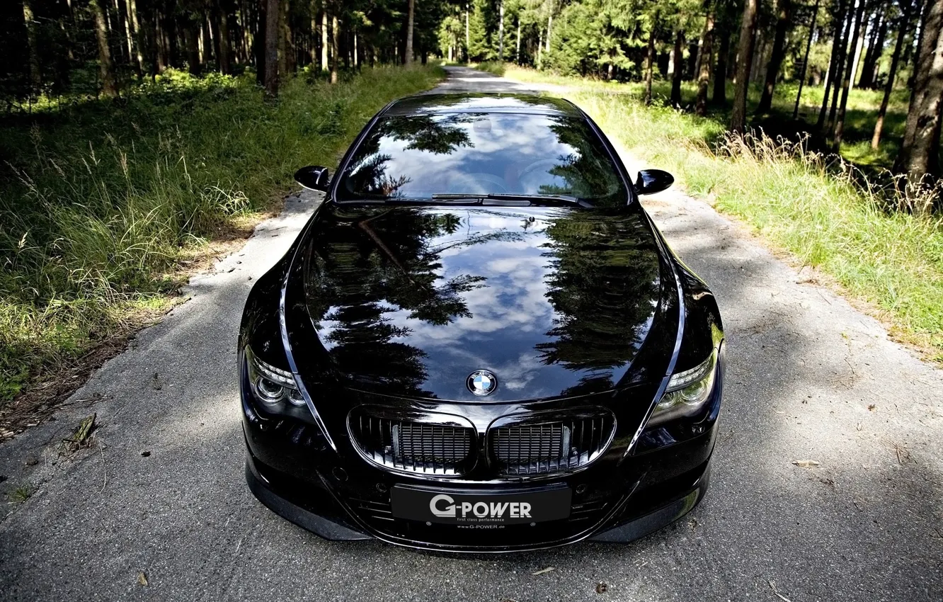 Photo wallpaper road, forest, black, bmw, weed, g-power