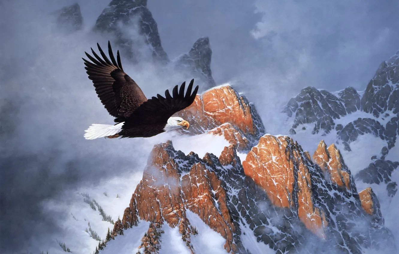 Photo wallpaper winter, clouds, snow, mountains, flight, eagle, painting, Derk Hansen
