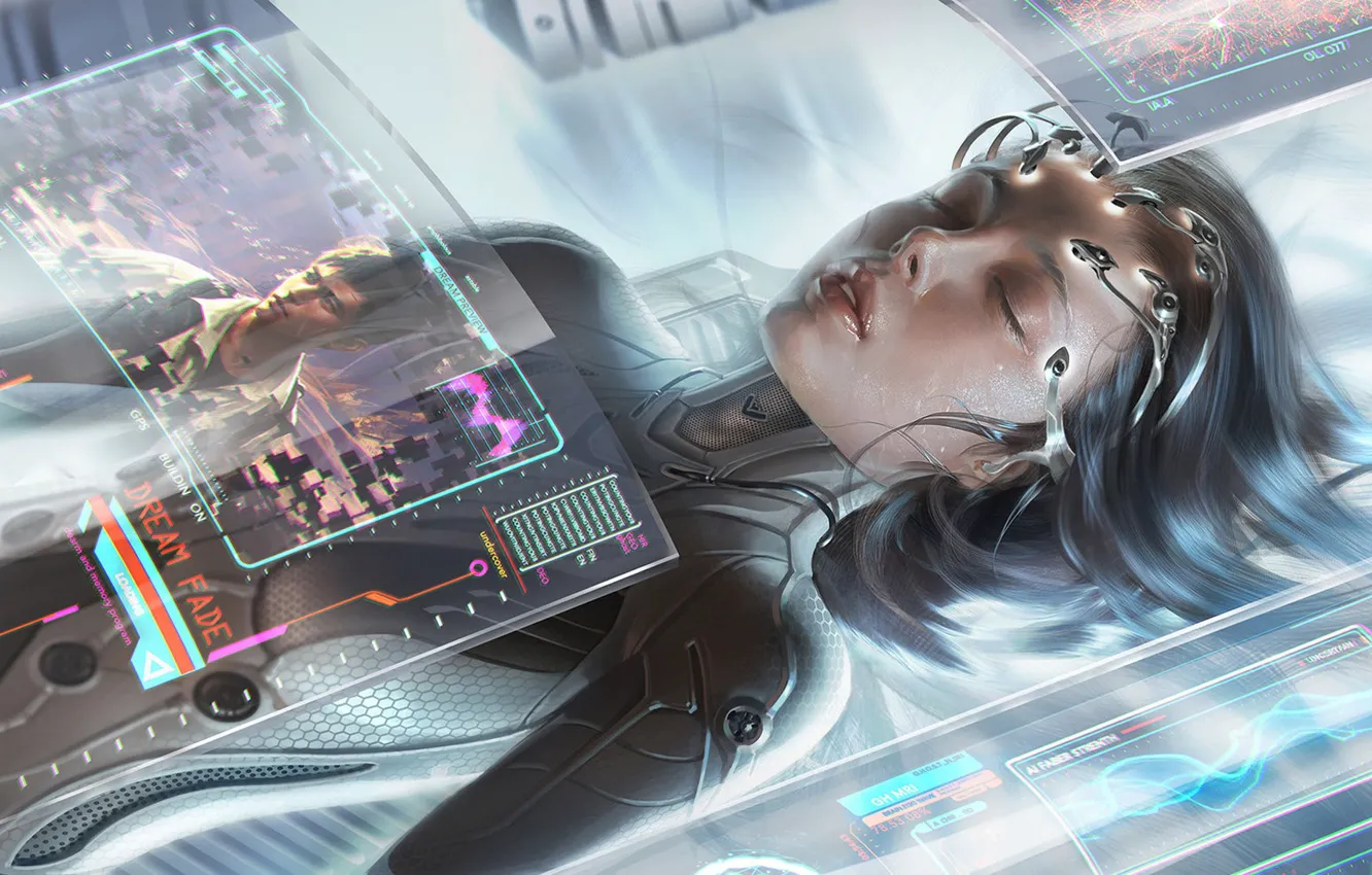 Photo wallpaper girl, cyberpunk, cyberpunk, closed eyes, sci fi