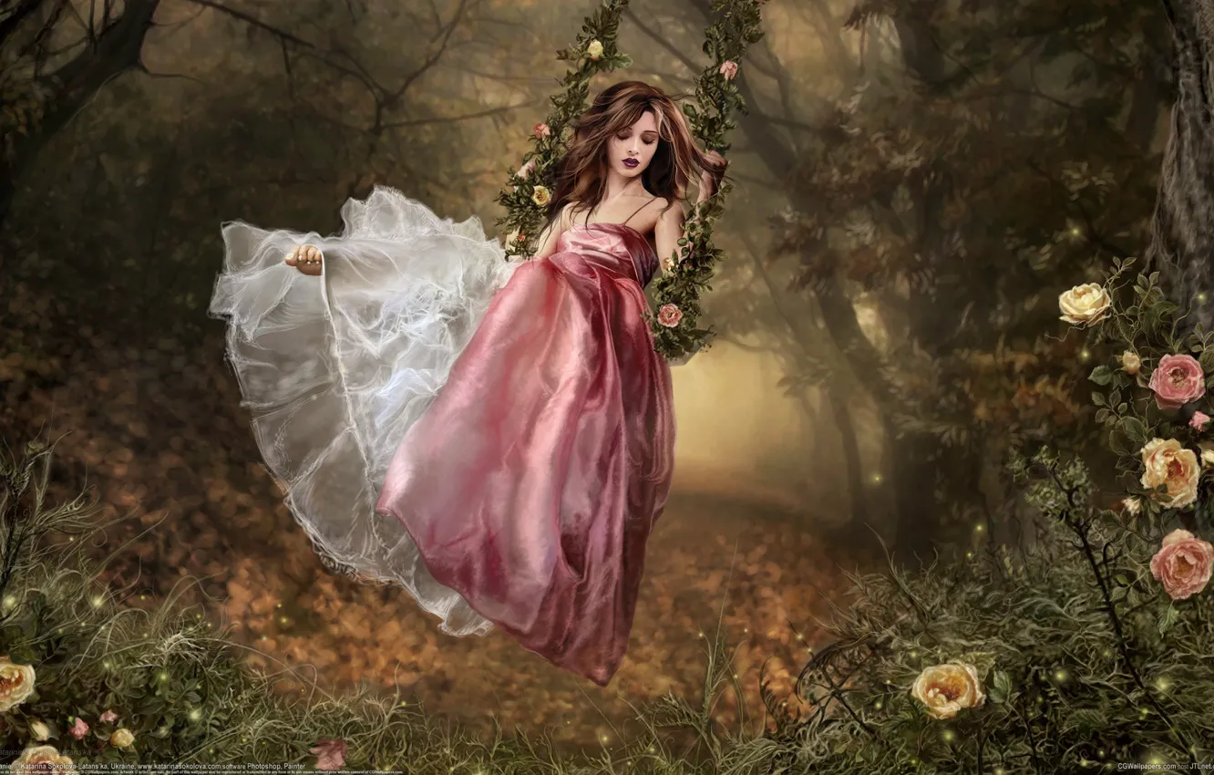 Photo wallpaper forest, girl, swing, dress