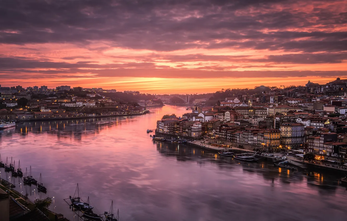 Photo wallpaper the sky, light, the city, river, home, the evening, port, Portugal