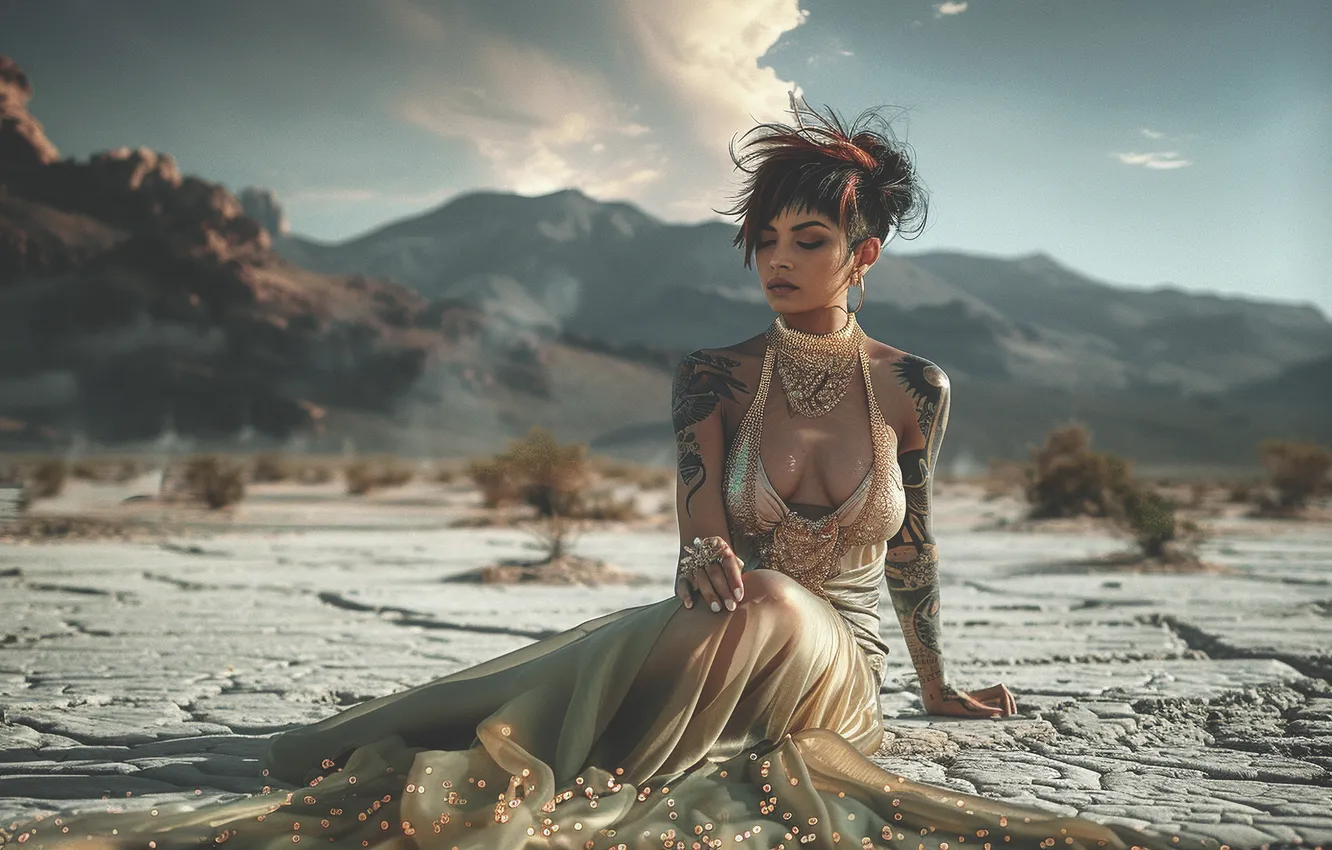 Photo wallpaper chest, girl, clouds, decoration, mountains, nature, cracked, pose