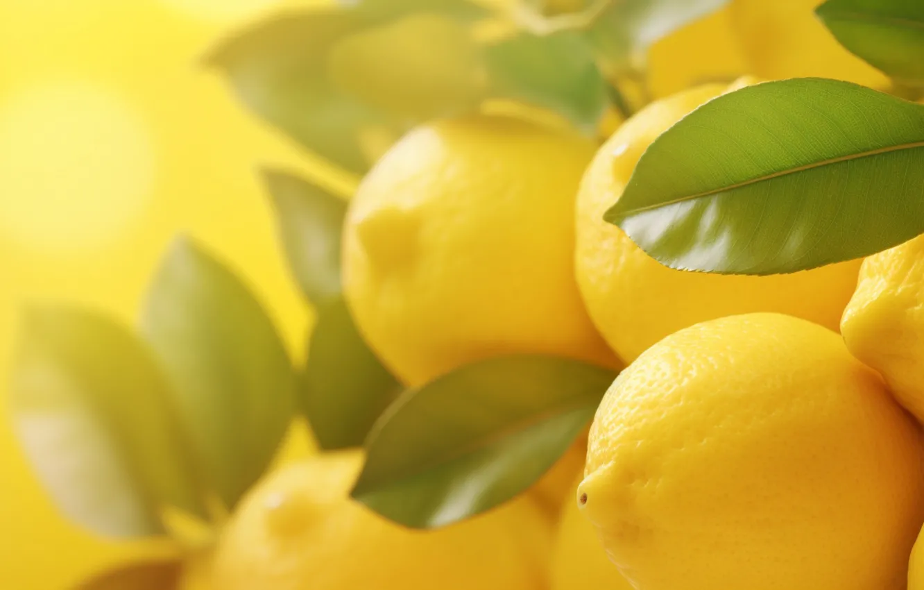 Photo wallpaper leaves, lemon, citrus, yellow background, AI art, neural network
