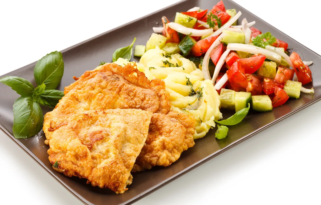 Photo wallpaper meat, salad, tomatoes, vegetables, dish