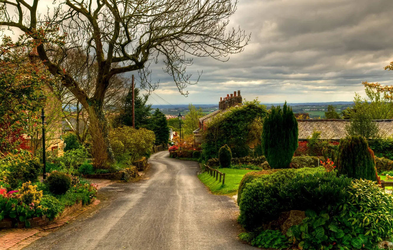 Photo wallpaper road, sky, trees, nature, clouds, landscapes, houses, England