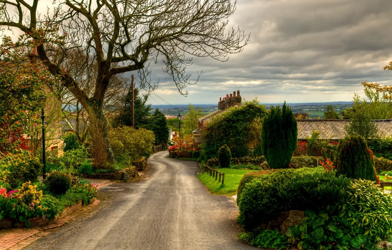 Photo wallpaper Nature, Clouds, Sky, Landscapes, England, Road, Trees, Town