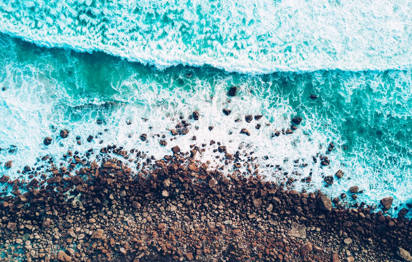 Photo wallpaper sea, stones, wave, drone