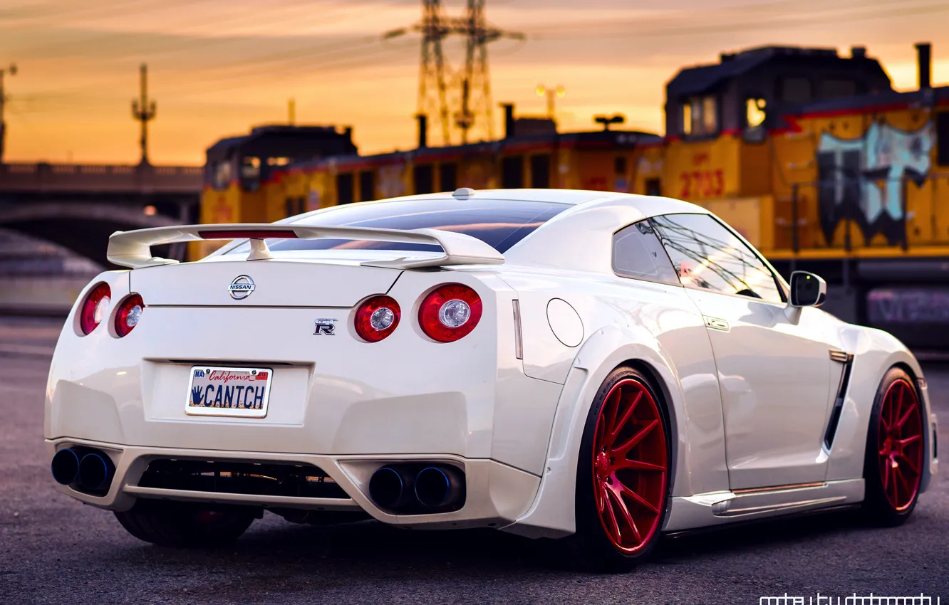 Photo wallpaper white, the sky, sunset, train, red, Nissan, GT-R, drives