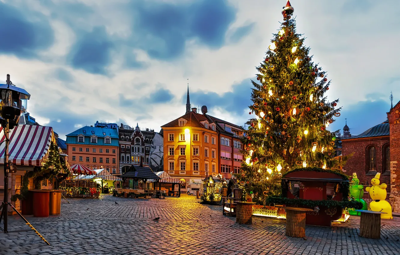 Photo wallpaper lights, tree, the evening, area, Christmas, New year, Riga, Latvia