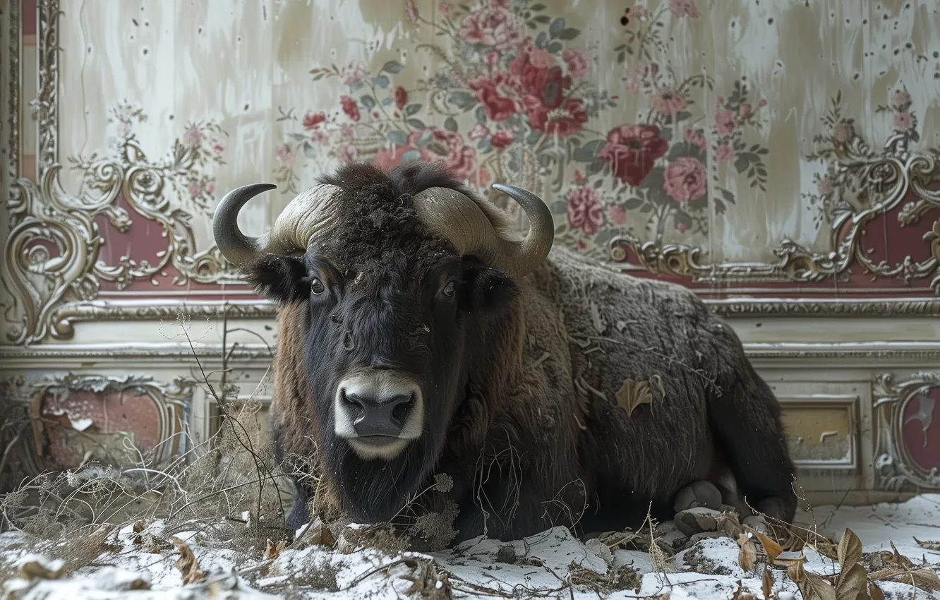 Photo wallpaper look, face, horns, musk ox, neural network