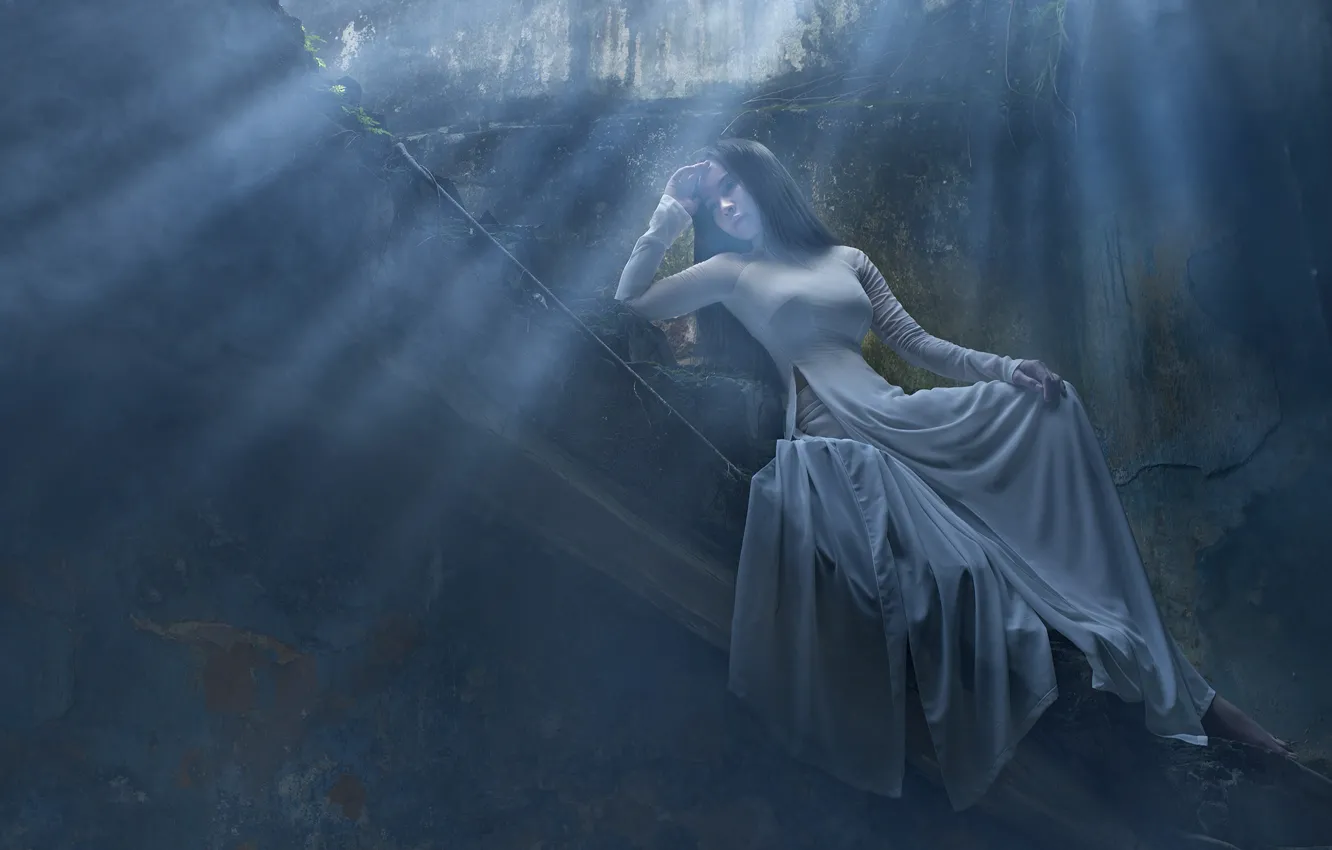 Photo wallpaper rays, fog, dress, the ruins