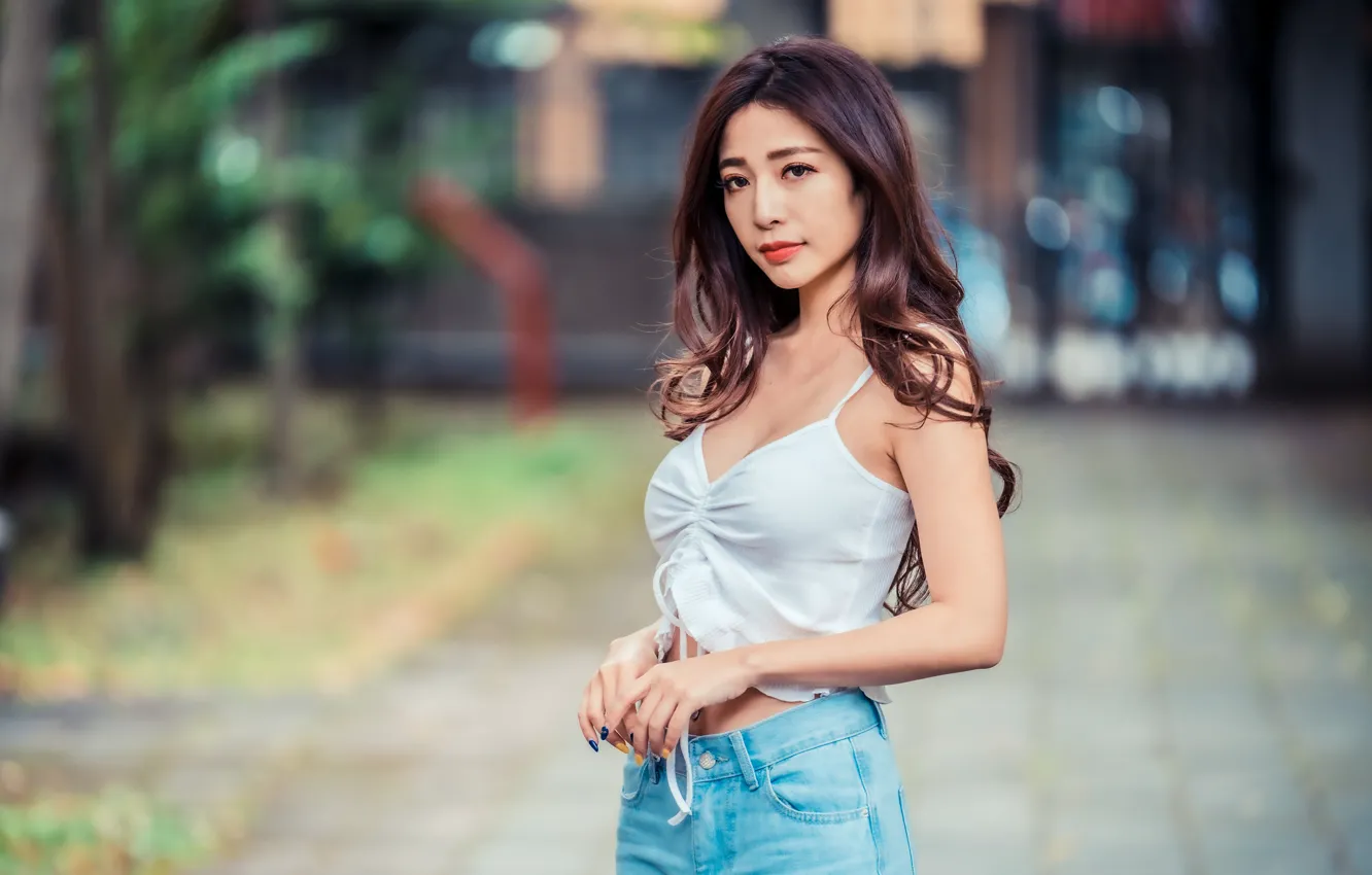 Photo wallpaper look, brown hair, Asian, bokeh