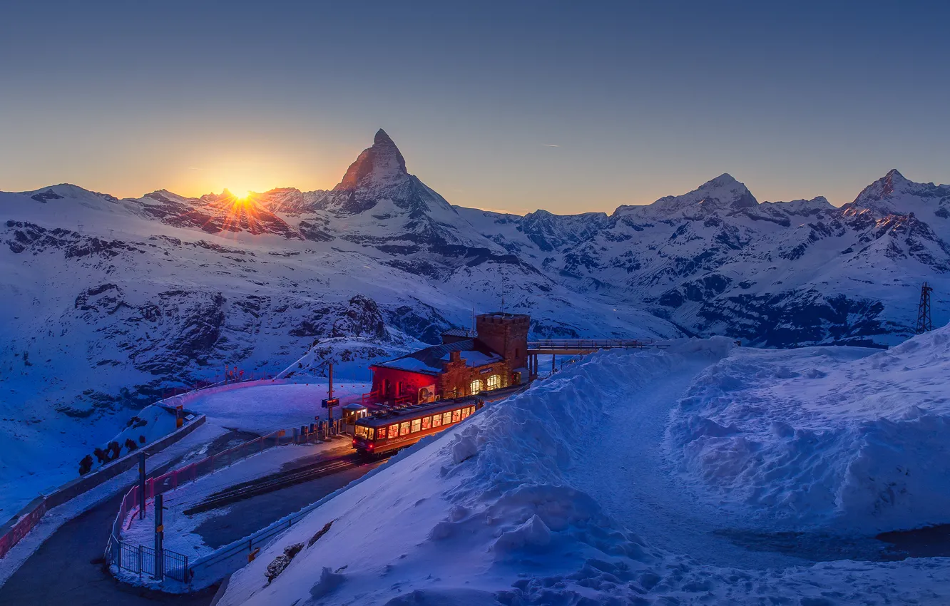 Photo wallpaper winter, the sky, the sun, sunset, mountains, Switzerland, Alps, resort