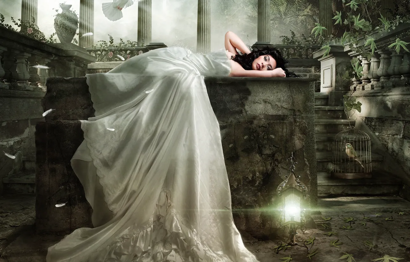 Photo wallpaper woman, cell, pigeons, vase, THE SECRET GARDEN