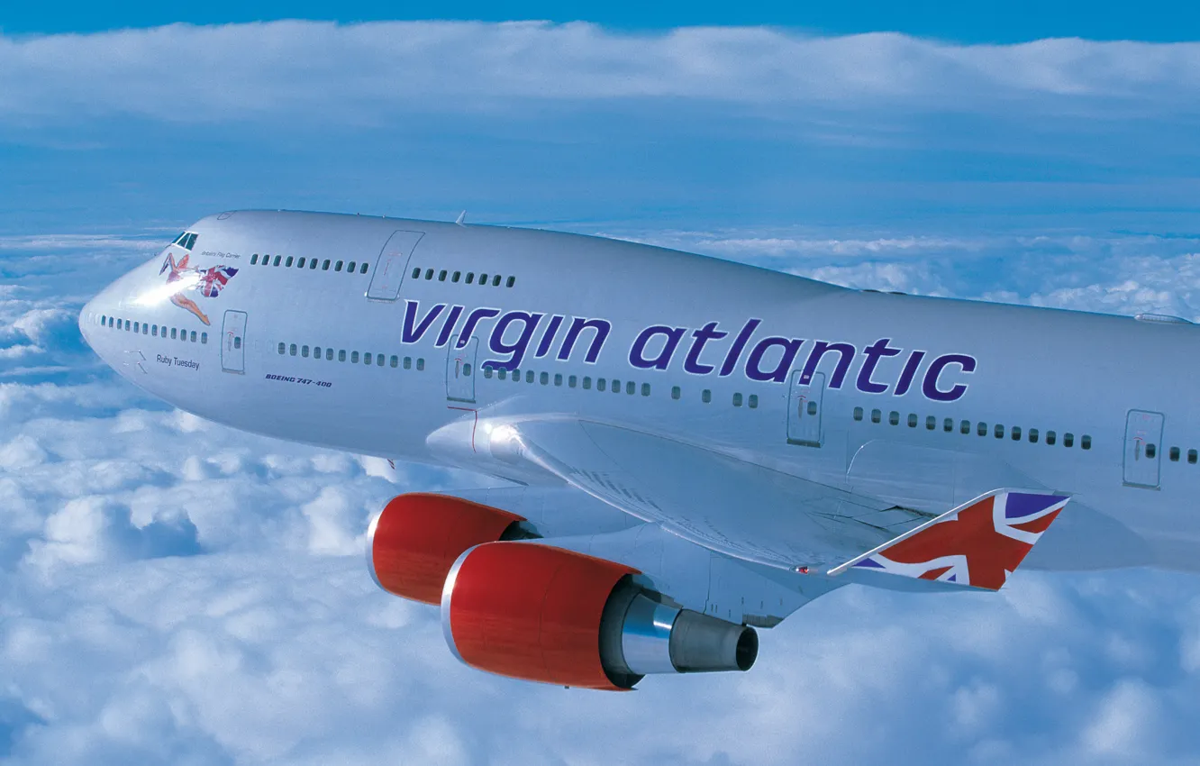 Photo wallpaper clouds, height, Boeing, flight, virgin, atlantic, 400, B-747