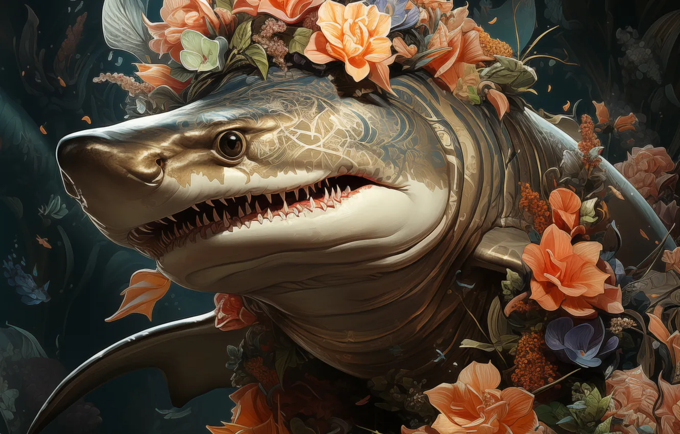 Photo wallpaper face, flowers, predator, shark, teeth, underwater world, digital art, AI art