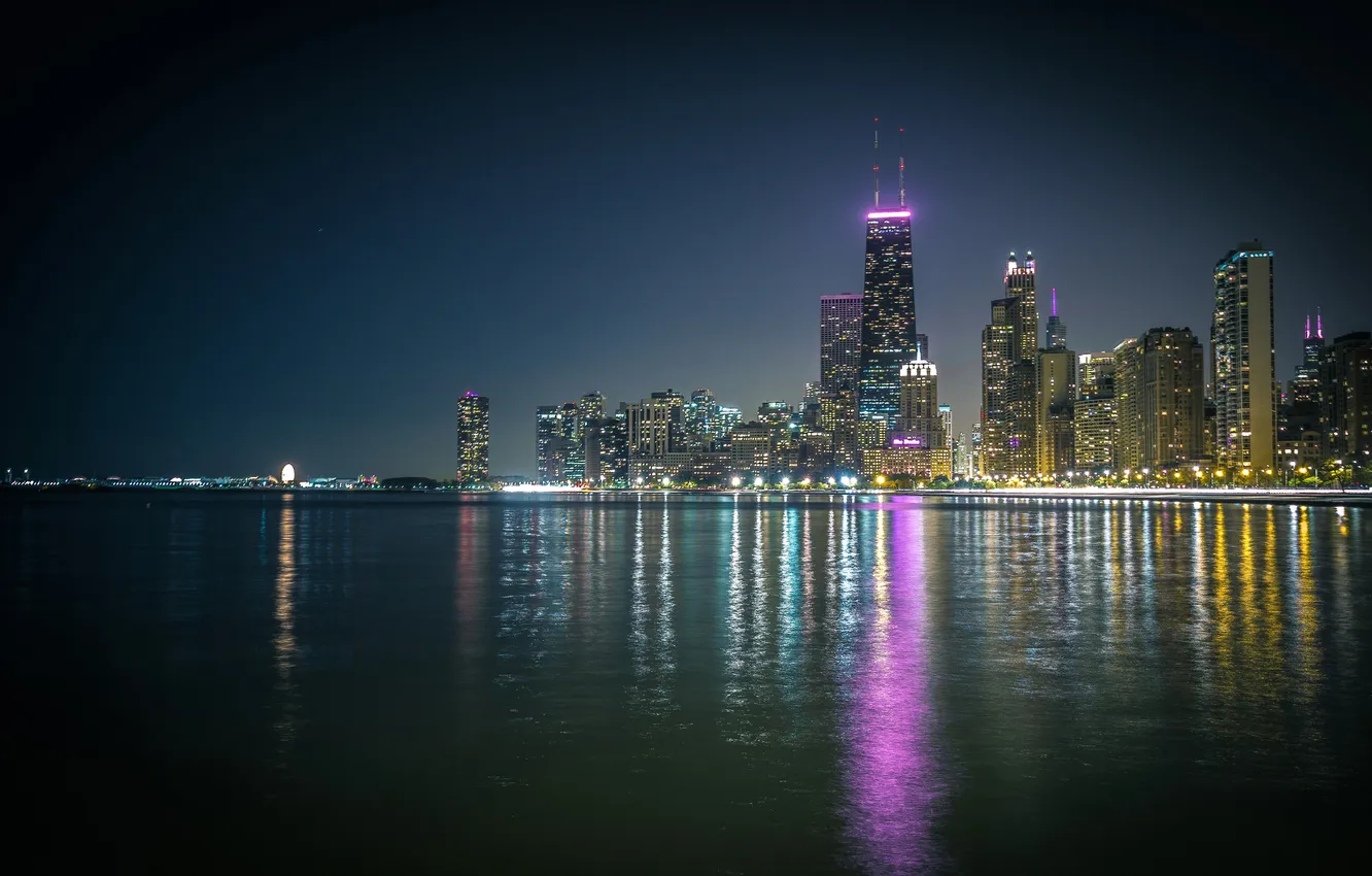 Photo wallpaper night, the ocean, skyscrapers, Chicago, USA, Illinois, panorama, otragenie