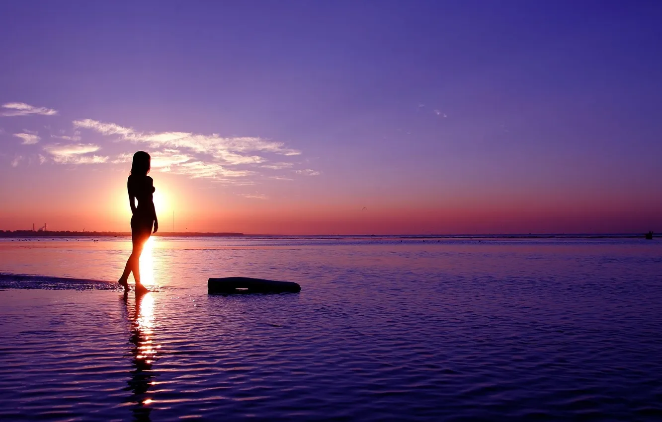 Photo wallpaper sea, girl, sunset