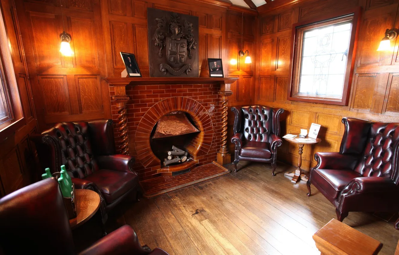 Photo wallpaper room, chair, window, fireplace, coat of arms, table, lamp.