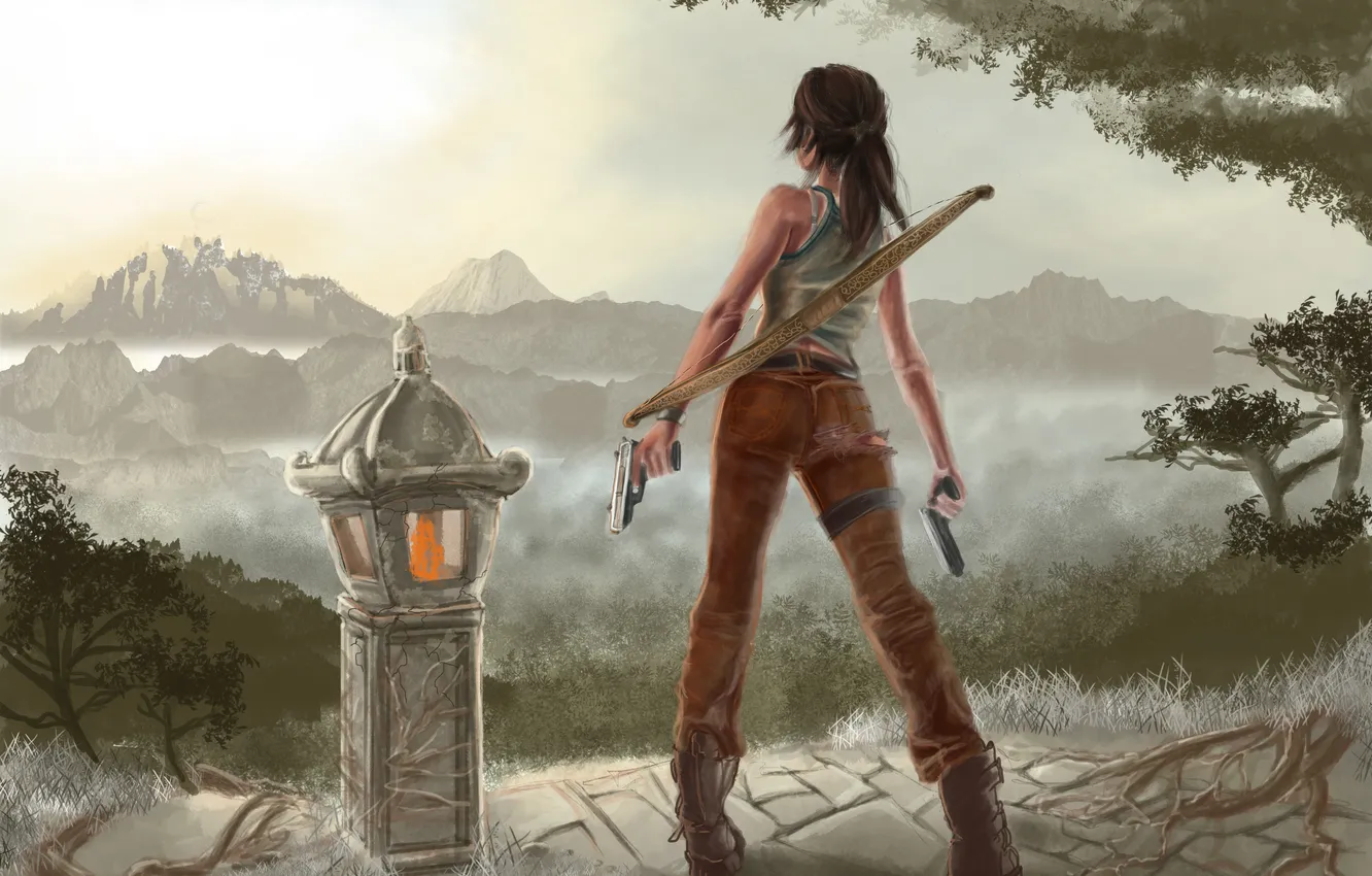 Photo wallpaper girl, weapons, fire, guns, view, bow, art, Lara Croft