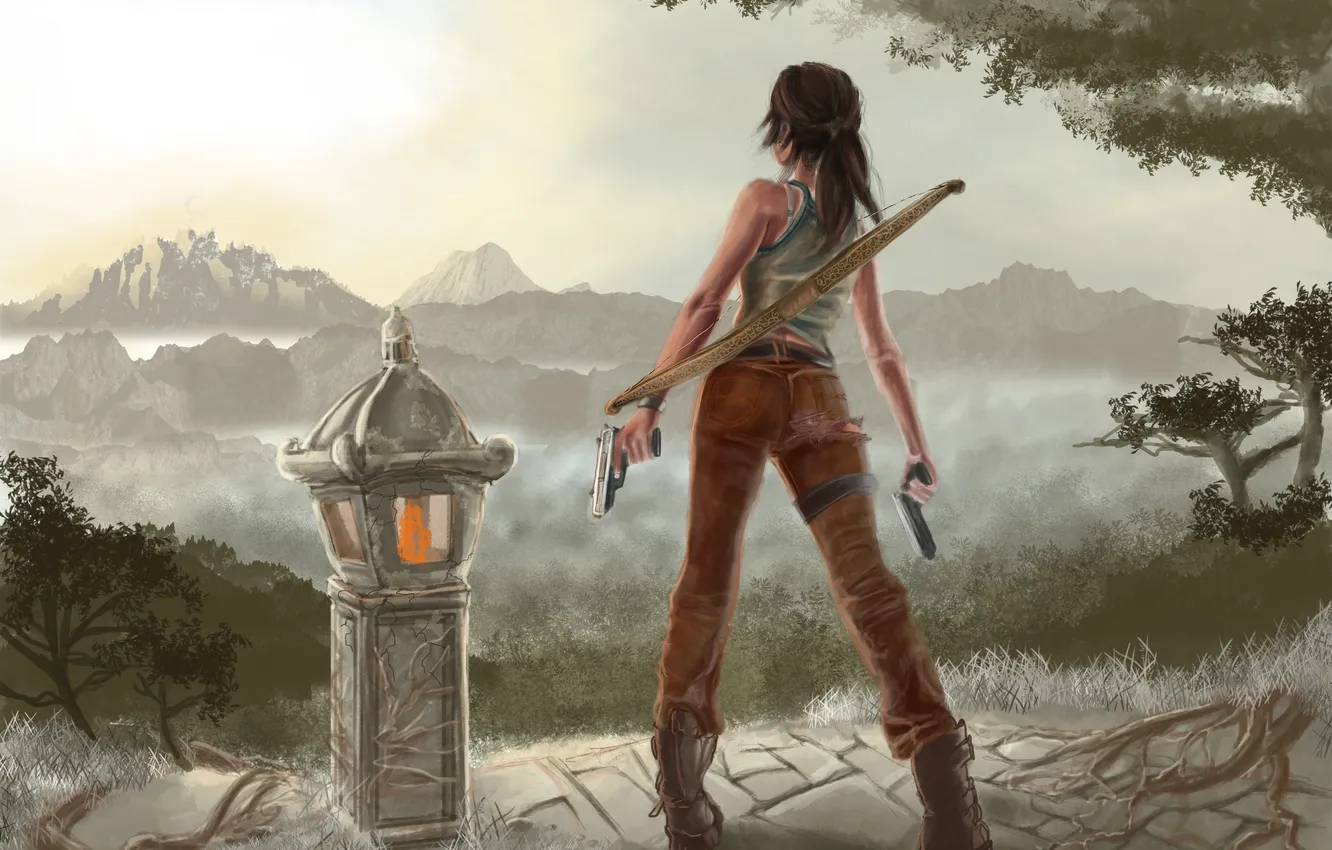 Photo wallpaper girl, lights, gun, weapons, view, bow, art, Tomb Raider