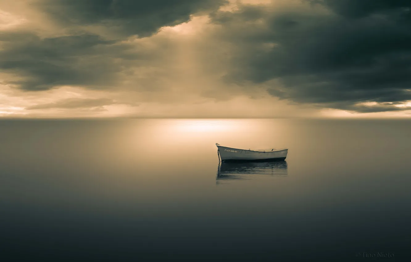 Photo wallpaper sea, clouds, boat, horizon