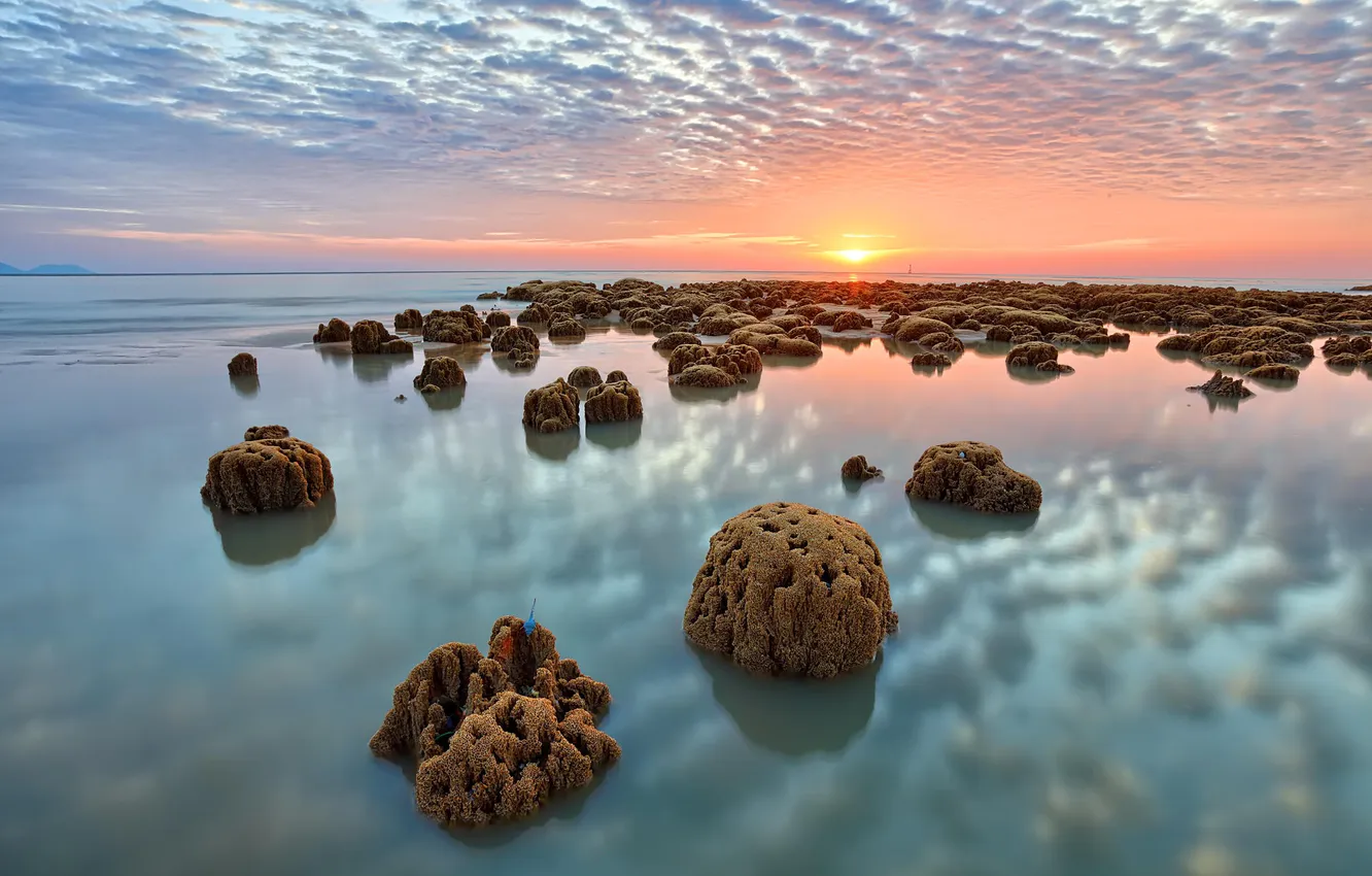 Photo wallpaper sea, the sky, clouds, sunset, stones